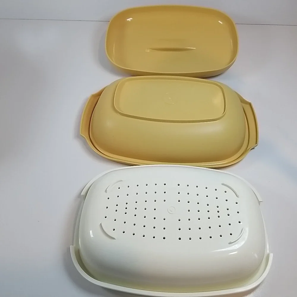 Tupperware Harvest Gold 4 Piece Microwave Vegetable Rice Steamer Strainer 1273-7